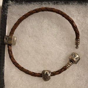 Pandora Brown Leather Bracelet with Two Charms